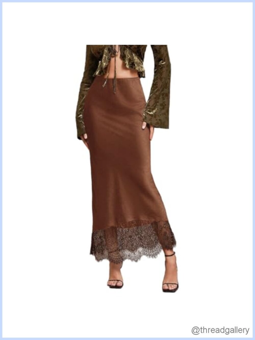 Women Satin Lace Trim Maxi Skirt High Waist A-Line Slip Skirt
